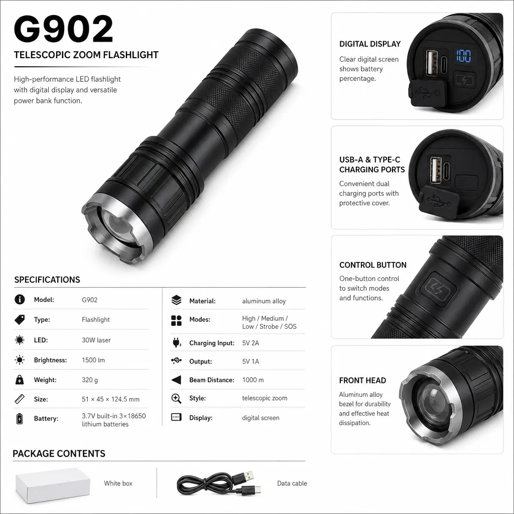 G902 30 W Laser Rechargeable Zoom Flashlight