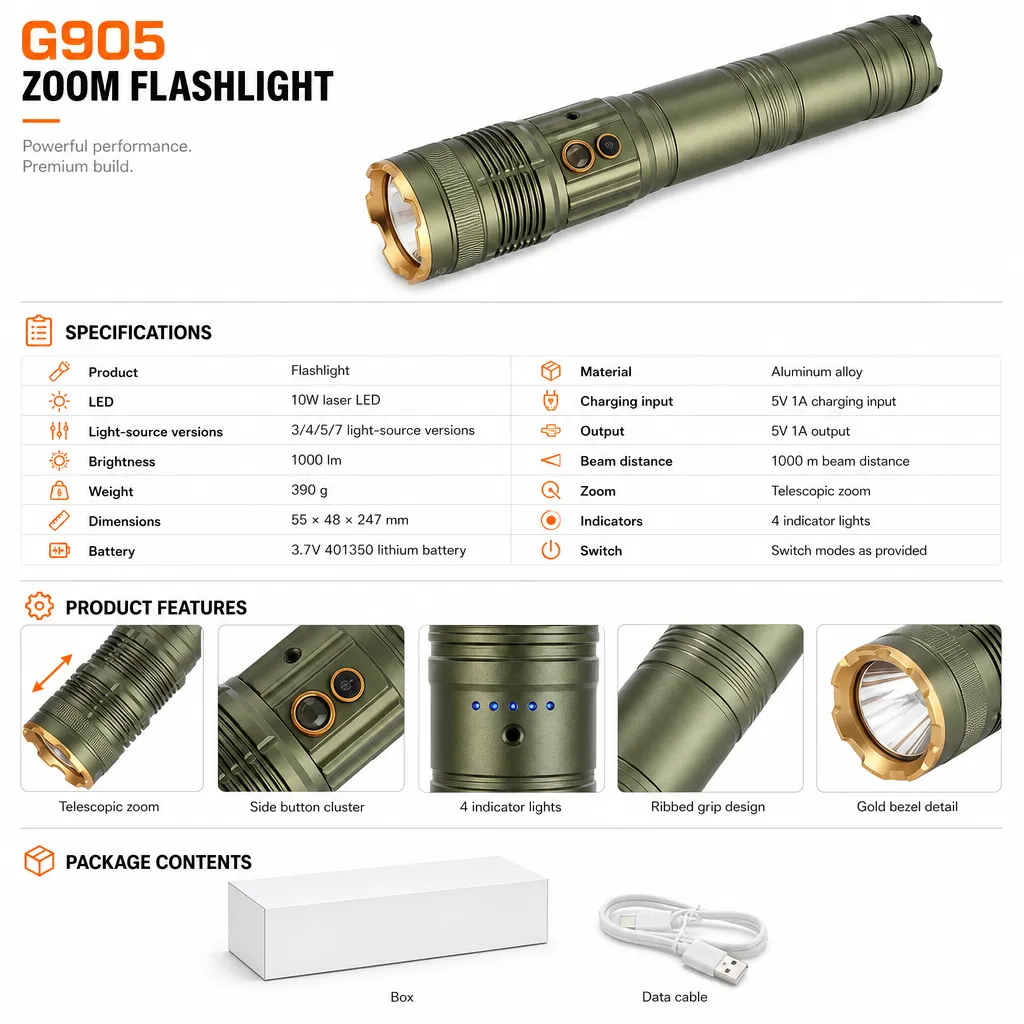 G905 Rechargeable Laser Flashlight Zoomable Tactical Torch