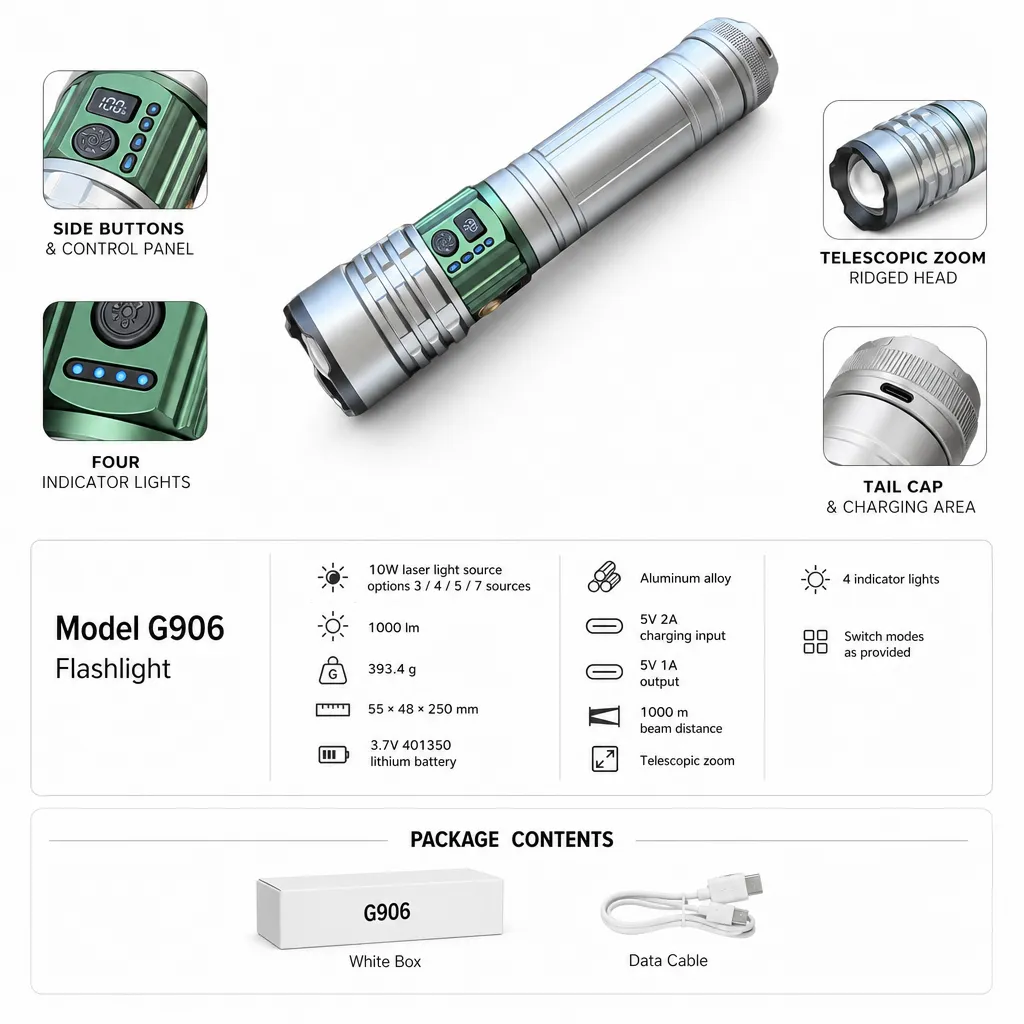 G906 Rechargeable Laser Flashlight Zoomable Torch High Lumen Multi Light