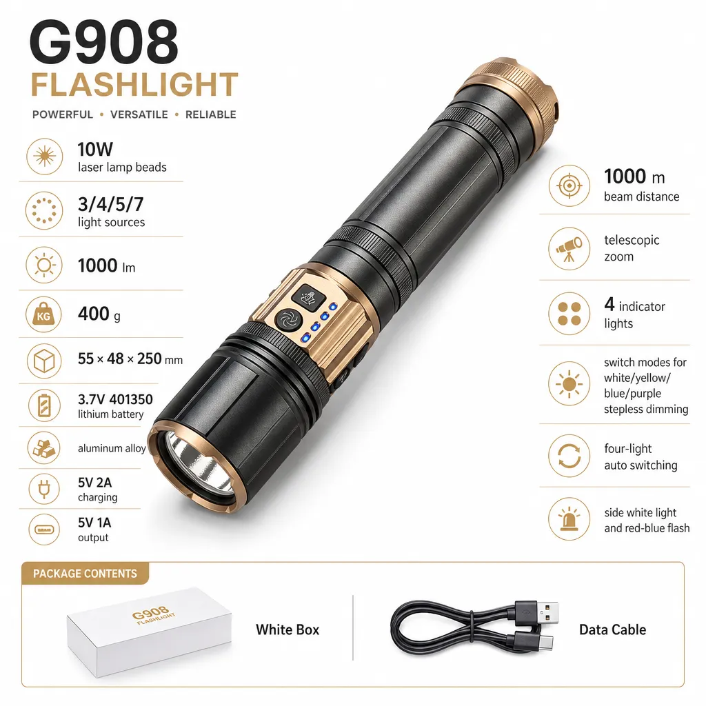 G908 Rechargeable LED Laser Flashlight Zoomable Tactical Torch