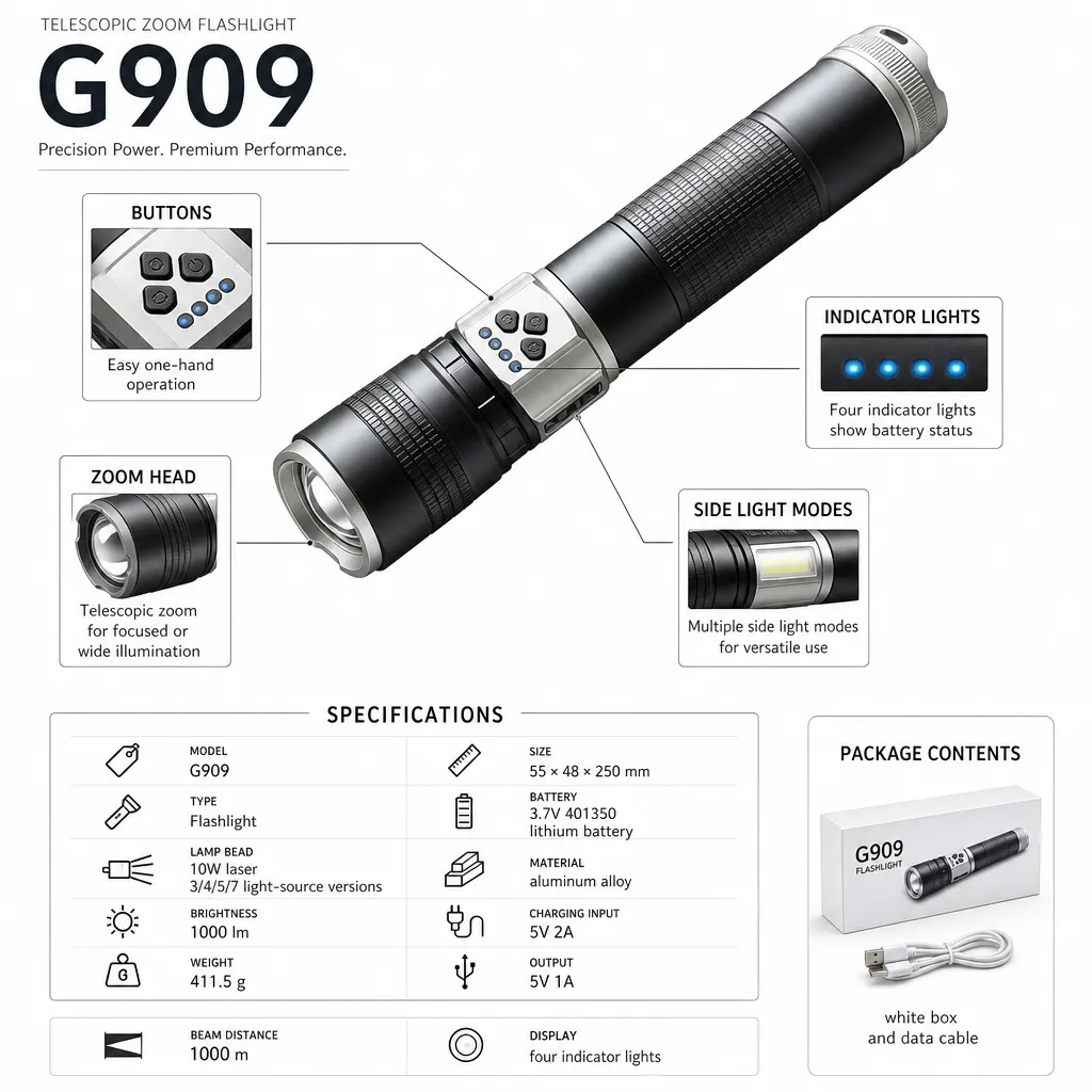 G909 Rechargeable Laser Flashlight Zoomable Tactical Torch