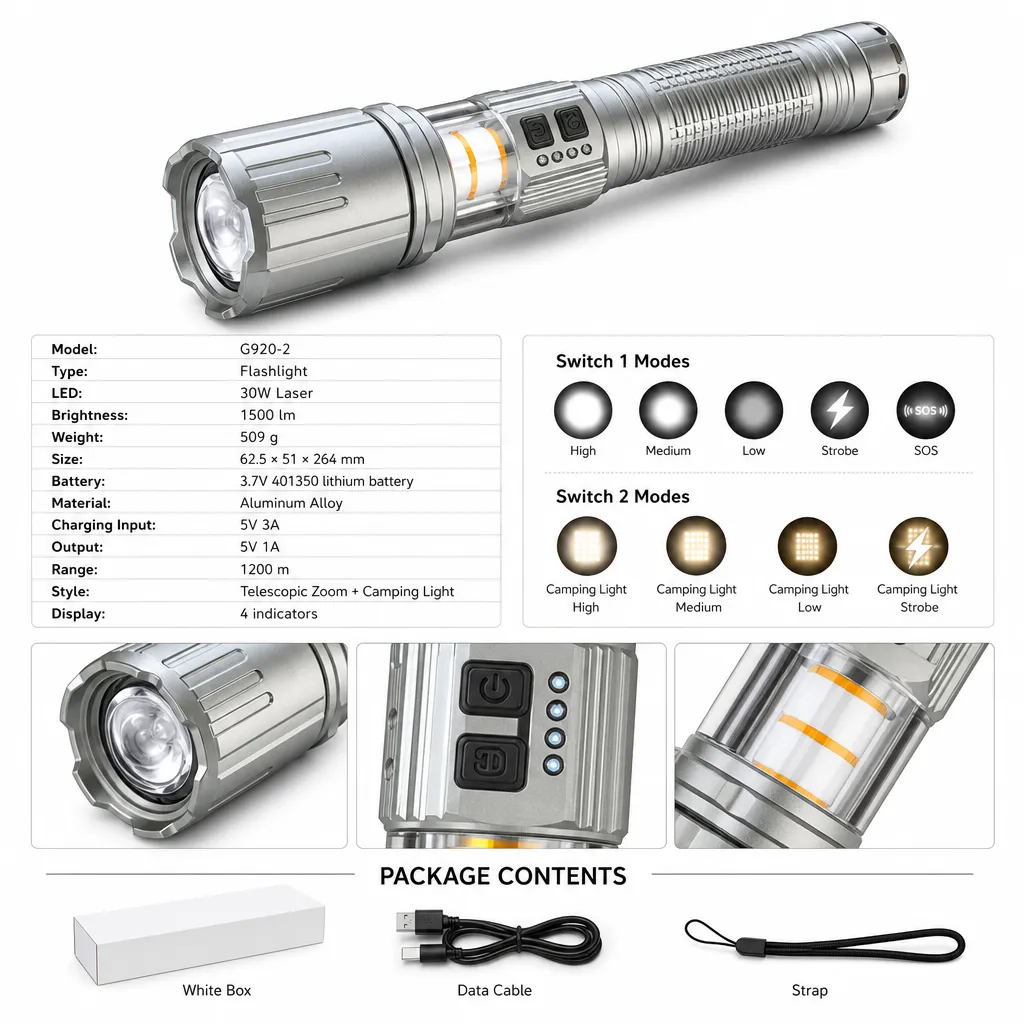 G920-2 Rechargeable Flashlight Zoomable Laser Tactical Torch