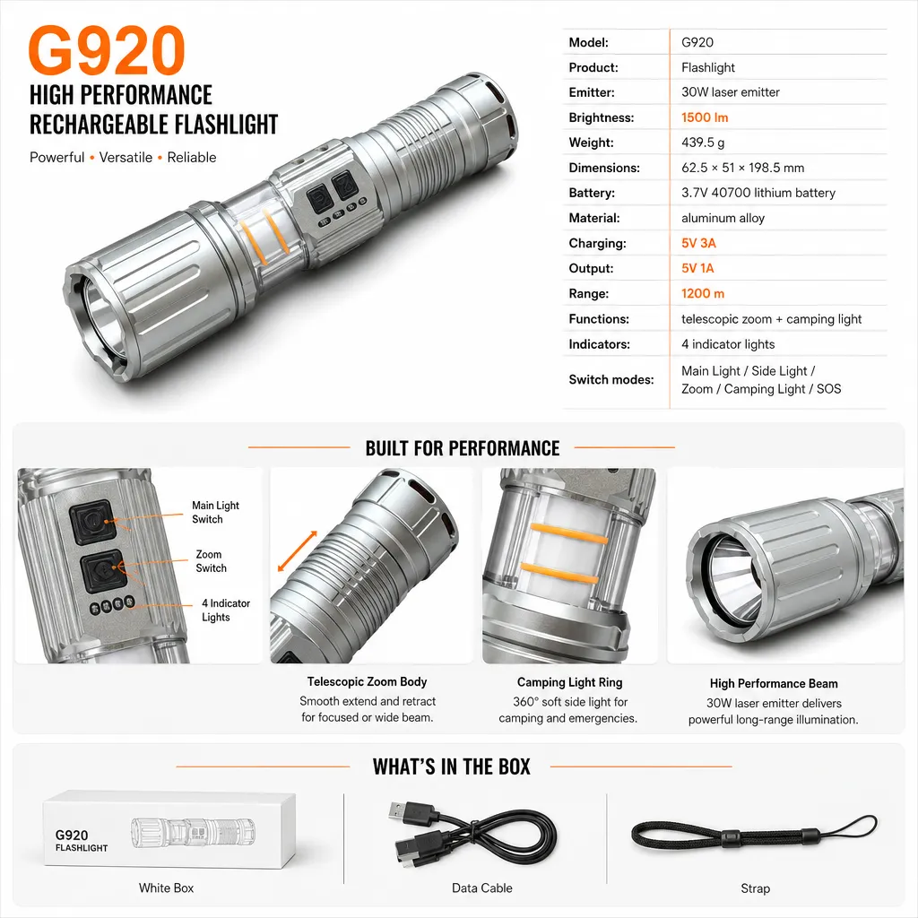 G920 Rechargeable Laser Flashlight Zoomable Tactical Torch