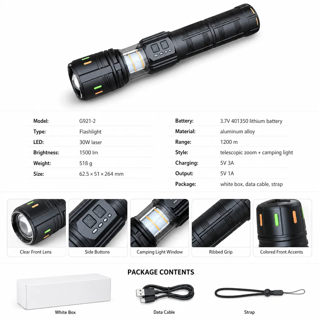 G921-2 Rechargeable Laser Flashlight Zoomable Tactical Torch