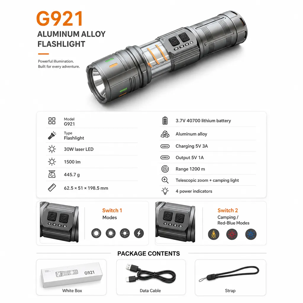G921 Rechargeable Laser Flashlight Zoomable Tactical Torch