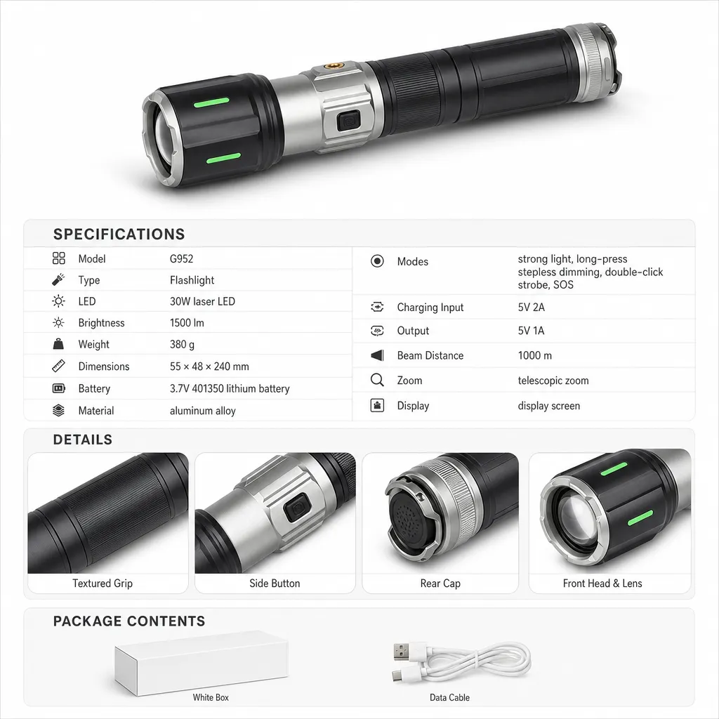 G952 Rechargeable Laser Flashlight Zoomable Tactical Torch