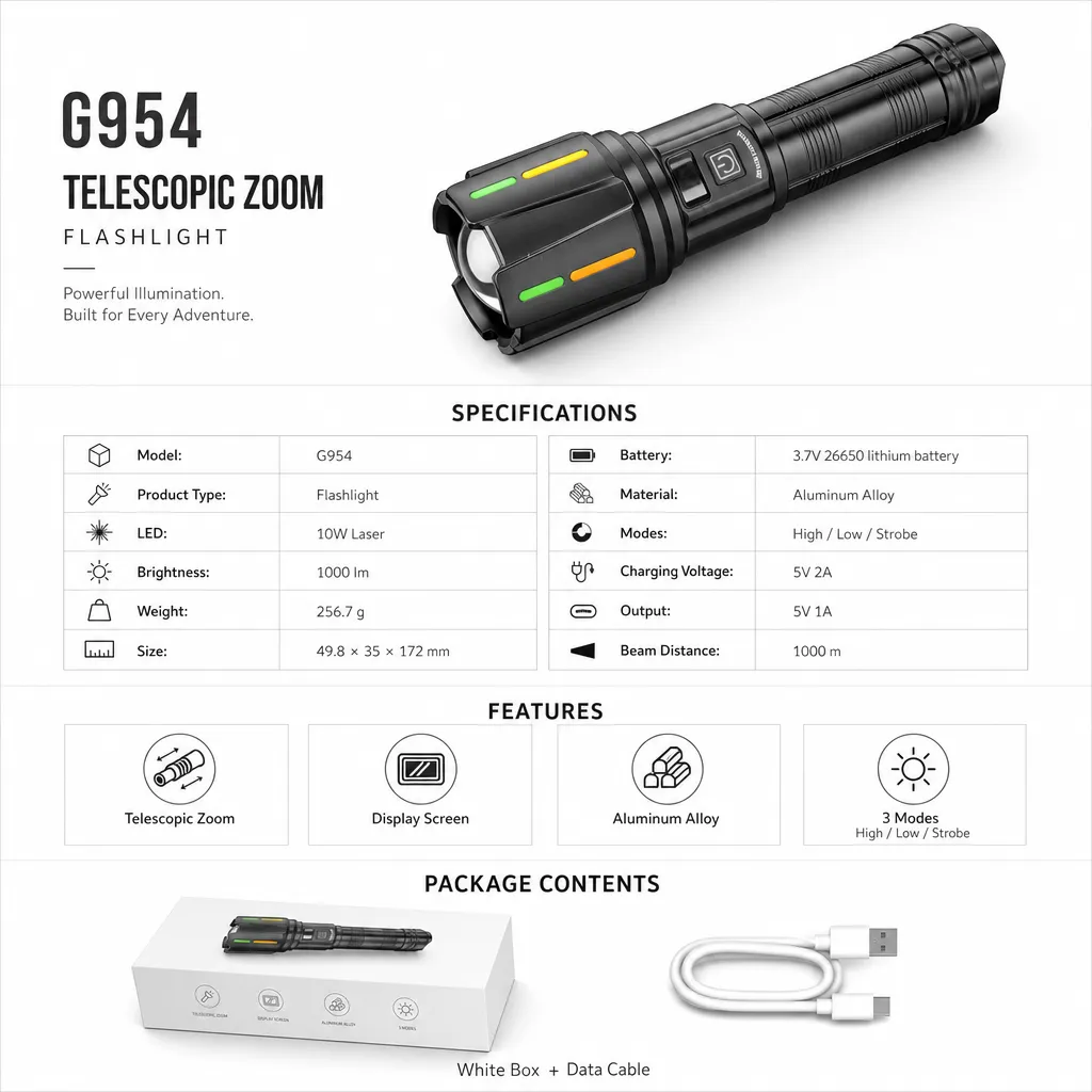 G954 10 W Laser Rechargeable Zoom Flashlight 1000 lm Aluminum Alloy Torch