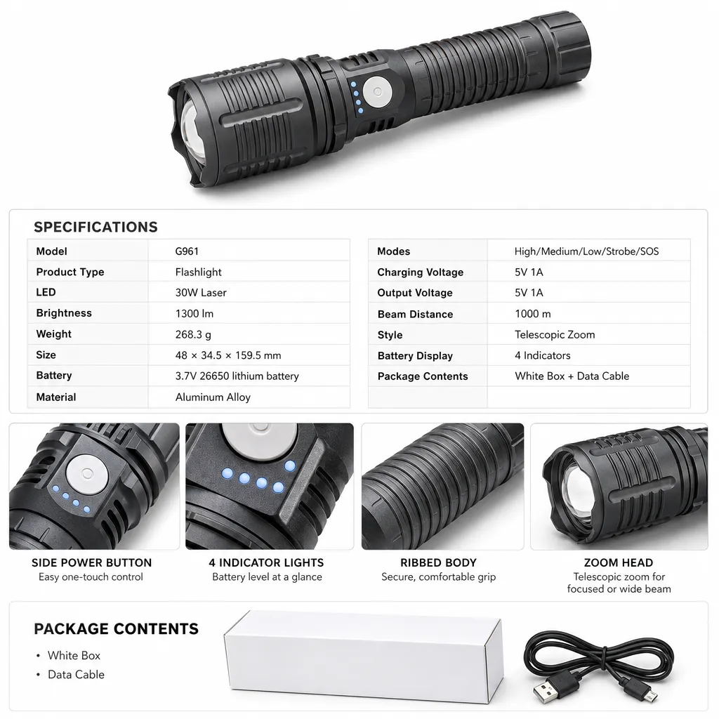 G961 30 W Laser Zoom Flashlight 1000 lm Aluminum Alloy Rechargeable Torch