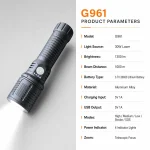 G961 30 W Laser Zoom Flashlight 1000 lm Aluminum Alloy Rechargeable Torch