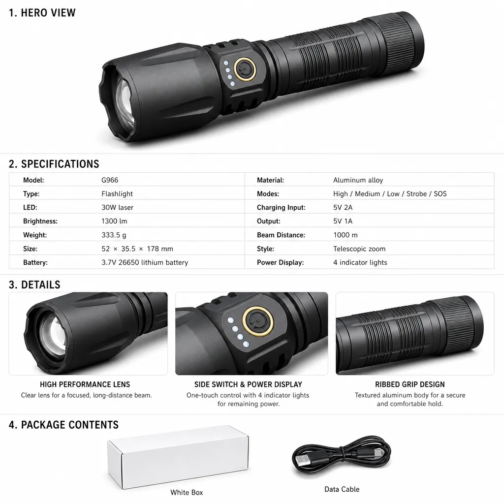 G966 30 W Laser Rechargeable Zoom Flashlight, 1300 lm Aluminum Alloy Torch