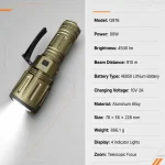 G976 90 W Rechargeable Zoom Flashlight, 4500 lm Aluminum Alloy Torch