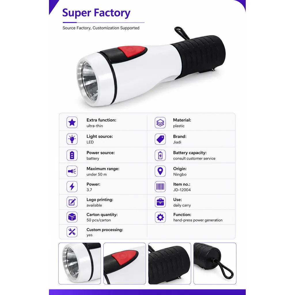 JD-12004 Hand Press LED Flashlight Portable Battery Powered Plastic Torch