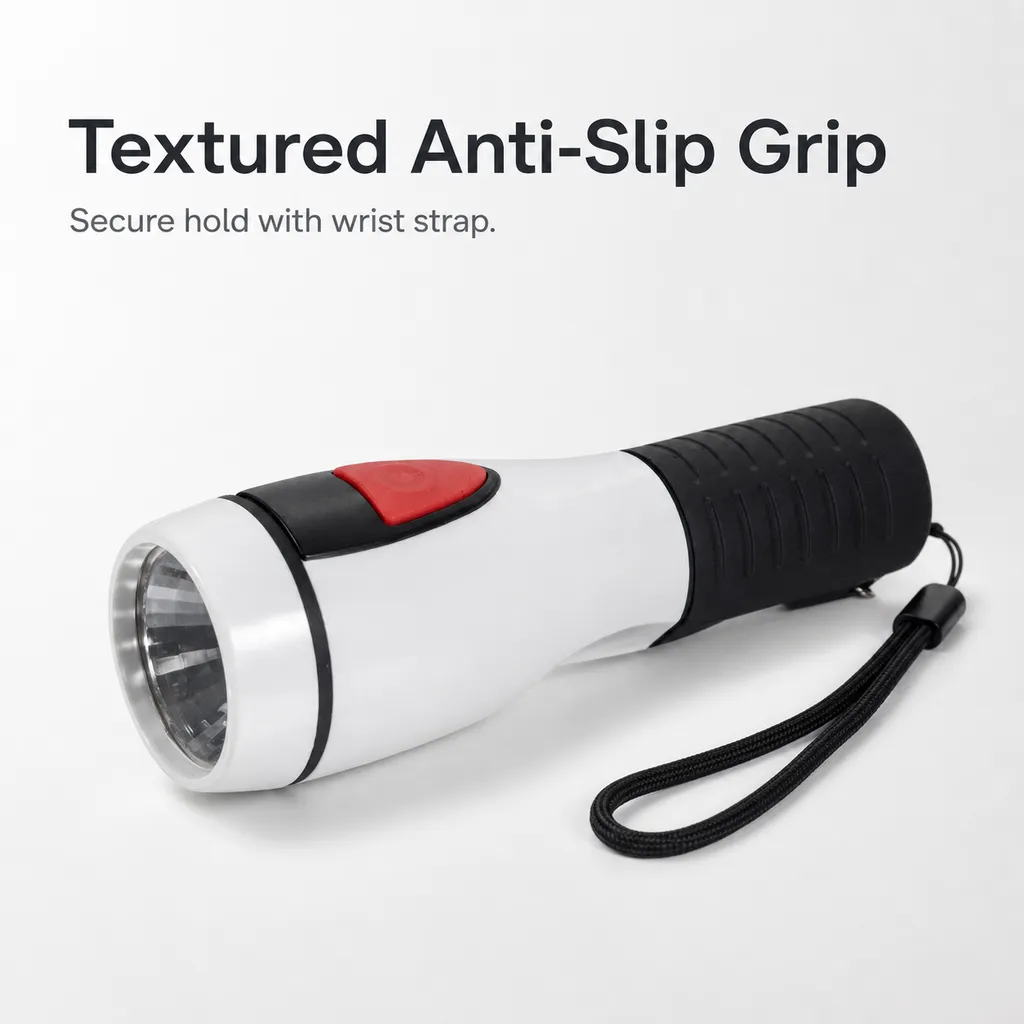 JD-12004 Hand Press LED Flashlight Portable Battery Powered Plastic Torch