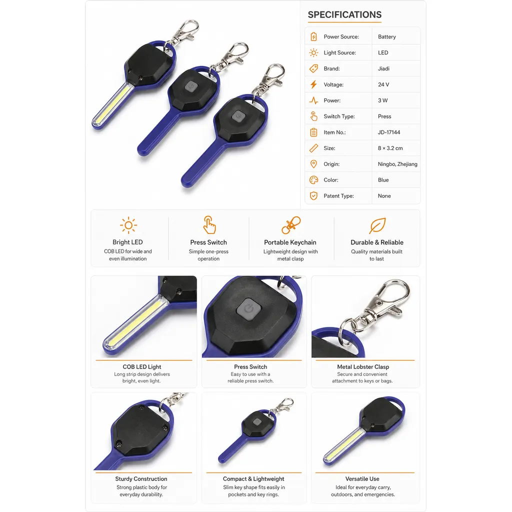 JD-17144 COB LED Key Light Battery Powered Mini Keychain Flashlight