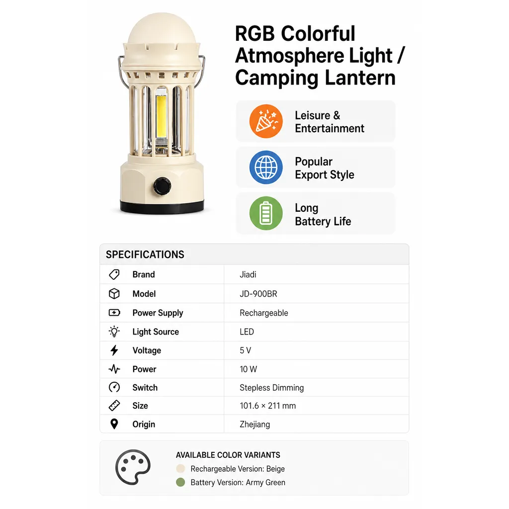 JD-900BR Rechargeable LED RGB Camping Lantern