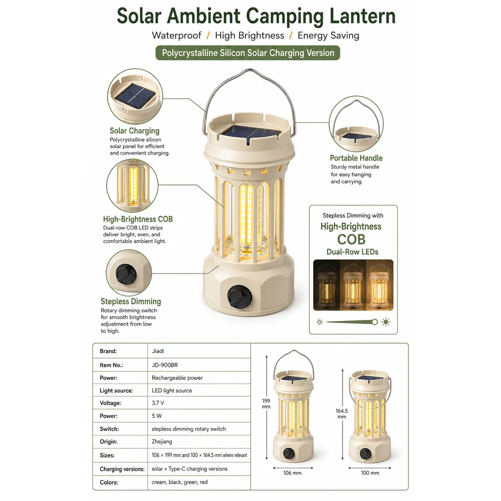 JD-900BR Solar Rechargeable LED Camping Lantern