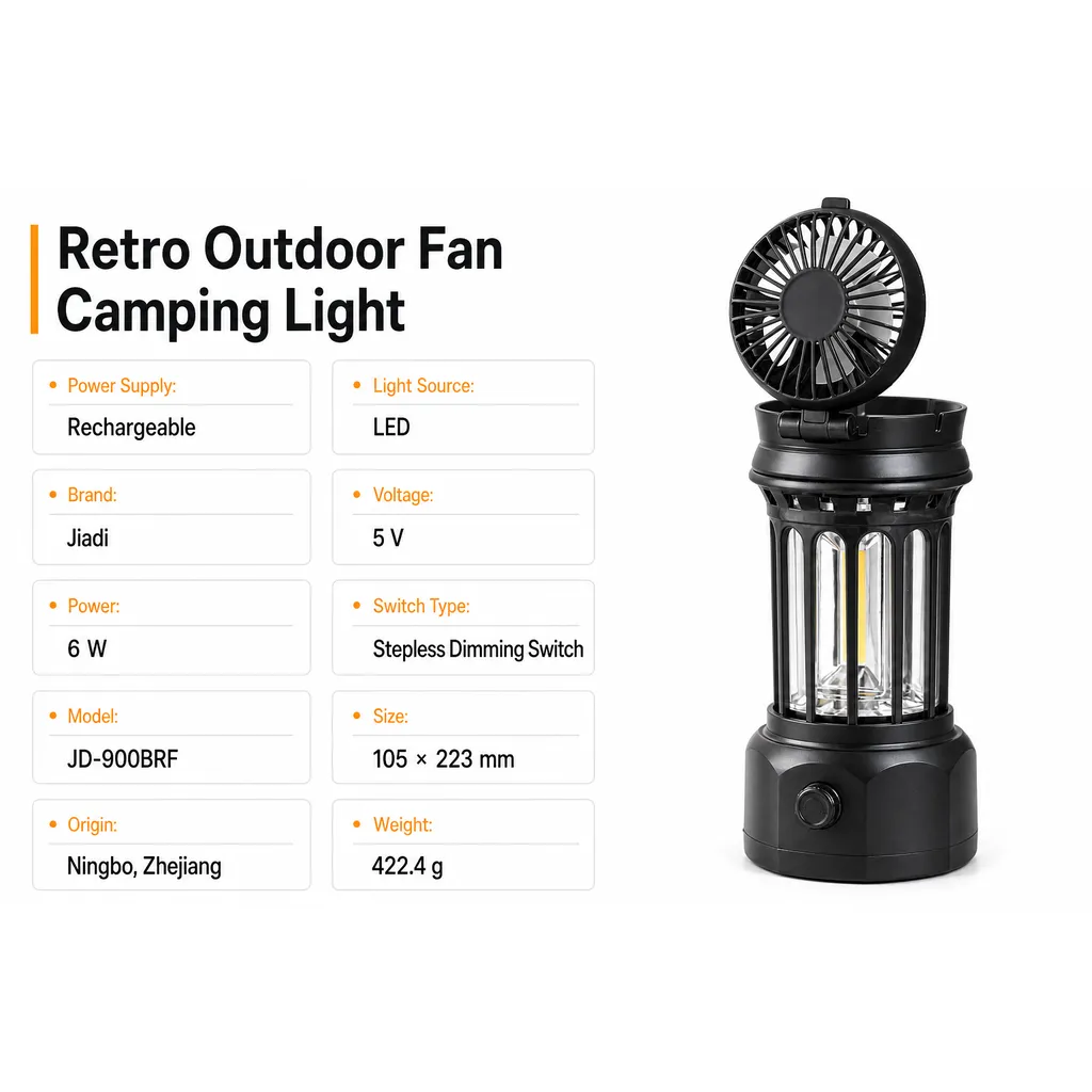 JD-900BRF Rechargeable LED Camping Lantern Fan Stepless Dimming COB Light