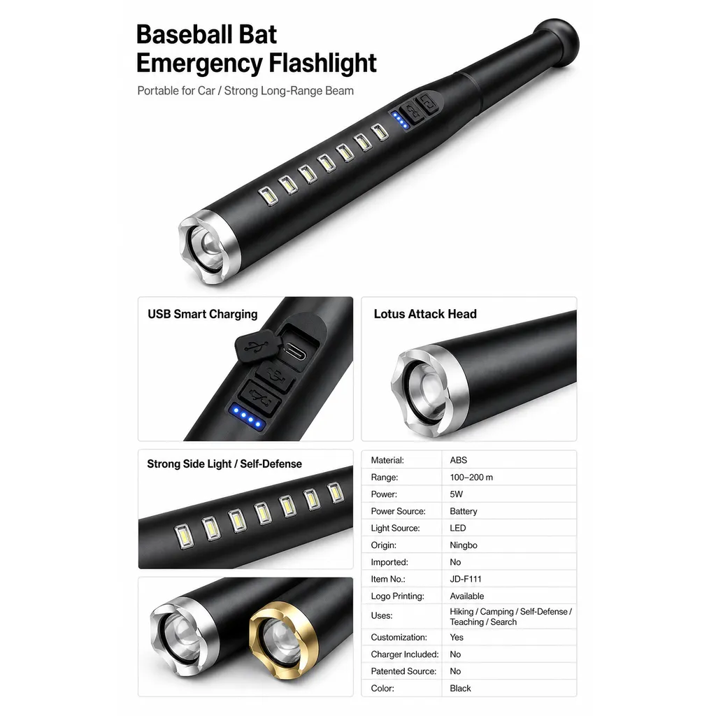 JD-F111 USB Rechargeable LED Baseball Bat Flashlight