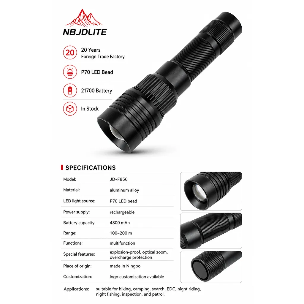 JD-F856 Rechargeable LED Flashlight P70 Zoomable Tactical Torch