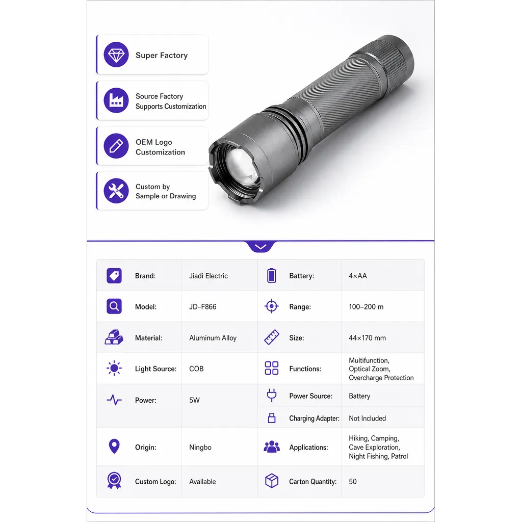 JD-F866 Multifunction COB LED Flashlight Zoomable Hand Press Torch