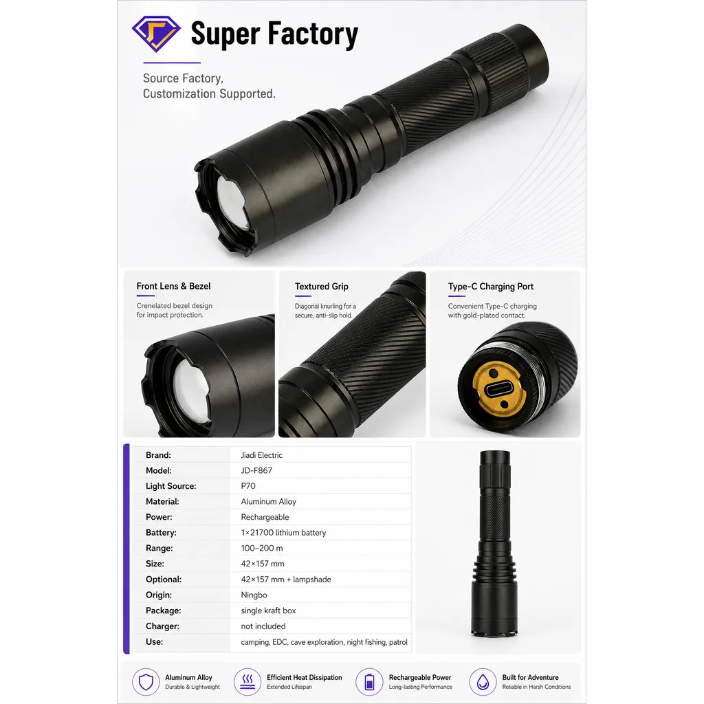 JD-F867 Rechargeable LED Flashlight Zoomable P70 Tactical Torch