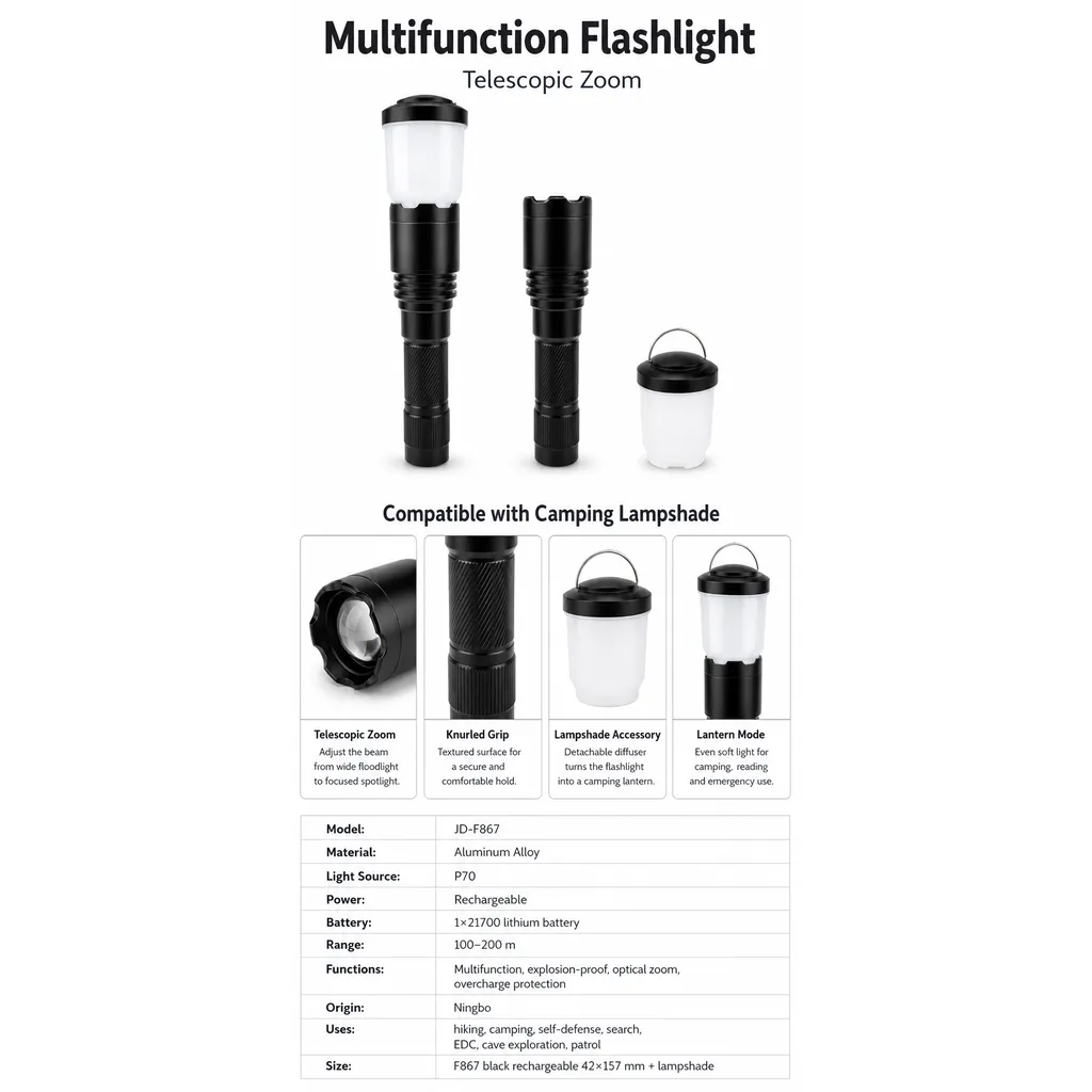 JD-F867 Rechargeable P70 LED Flashlight Zoomable Tactical Torch