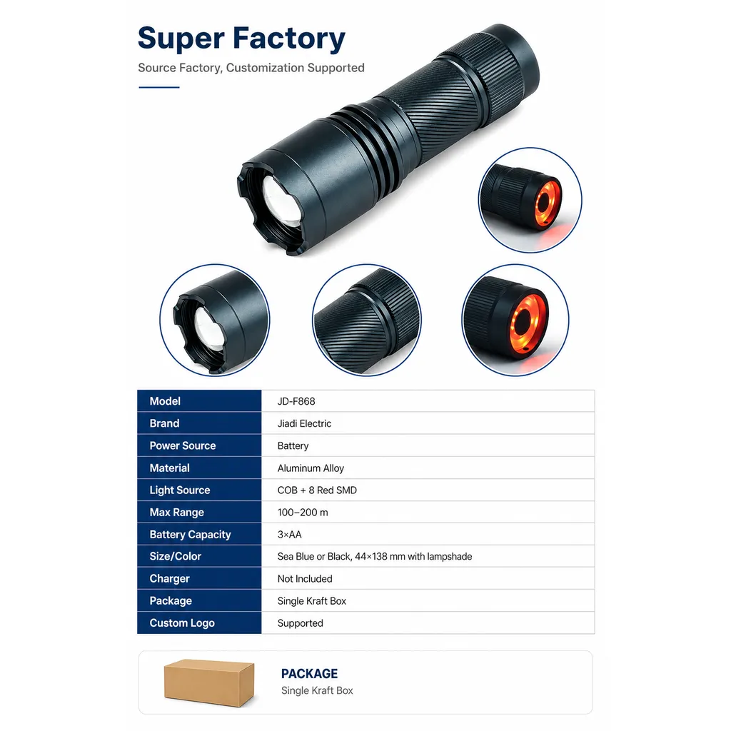 JD-F868 Zoomable LED Flashlight Multifunction COB Red SMD Torch