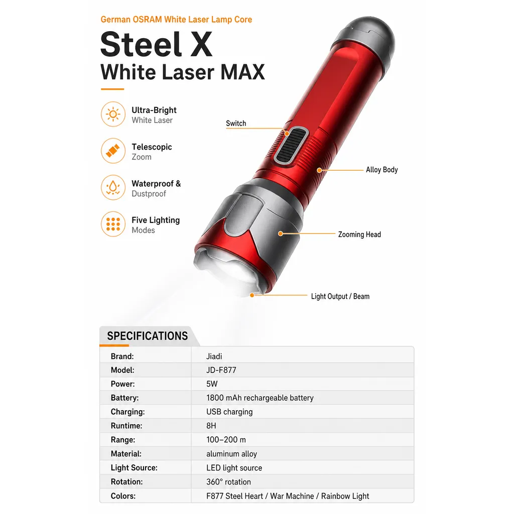 JD-F877 Rechargeable LED Flashlight Zoomable Type-C Tactical Torch