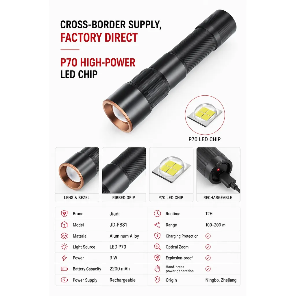 JD-F881 Rechargeable LED Flashlight Zoomable P70 Tactical Torch