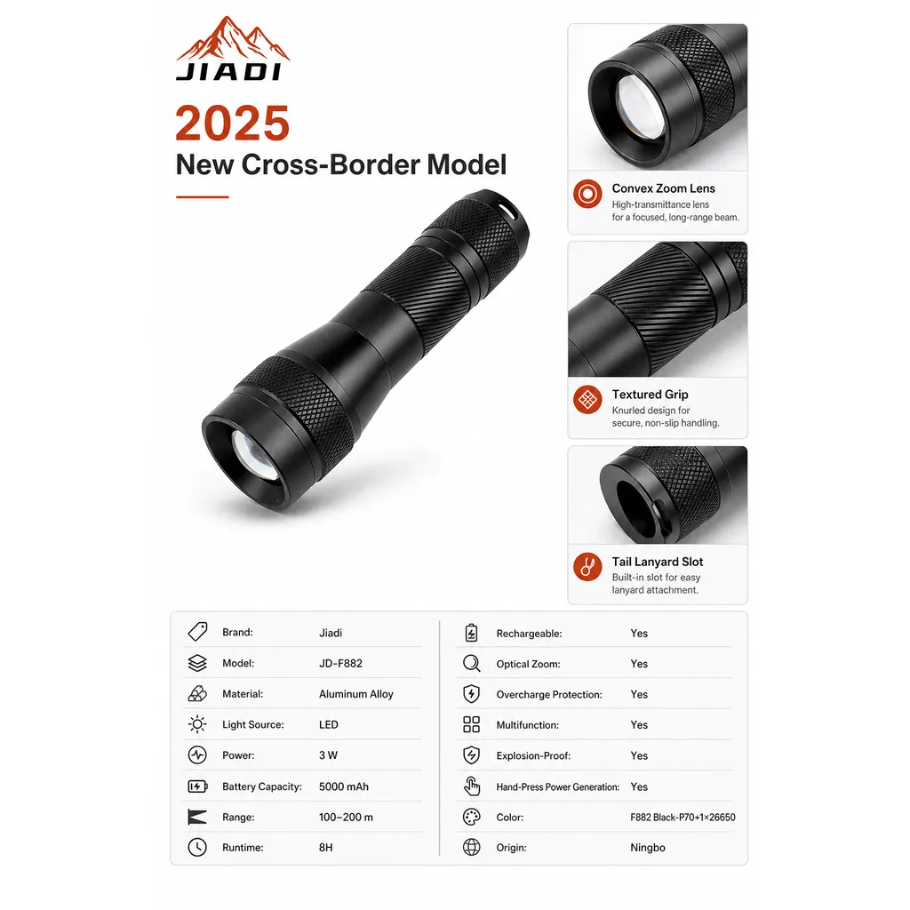 JD-F882 Rechargeable LED Flashlight Zoomable Type-C Tactical Torch