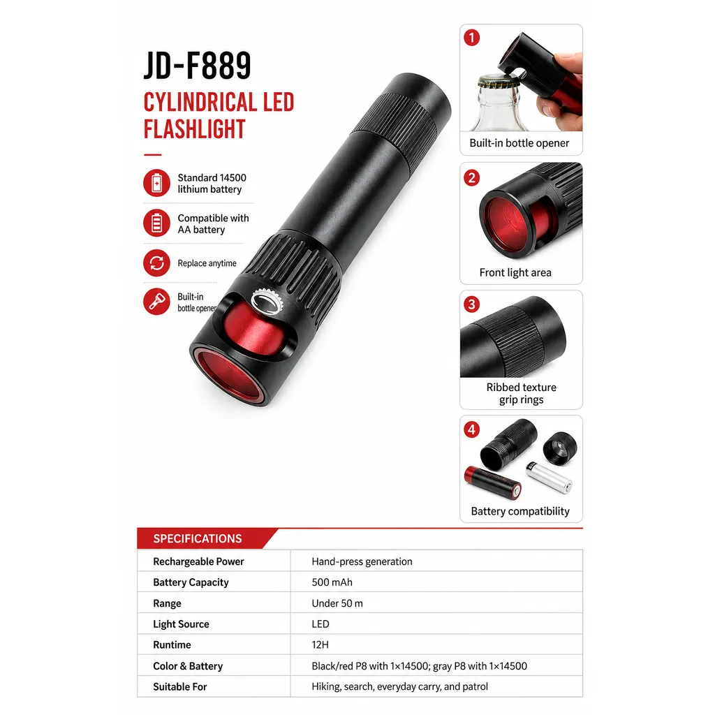 JD-F889 Rechargeable LED Flashlight Type-C Mini Tactical Torch