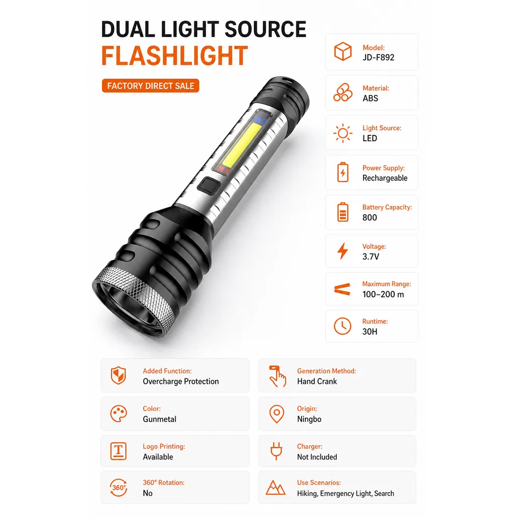 JD-F892 Rechargeable LED Flashlight Dual Light