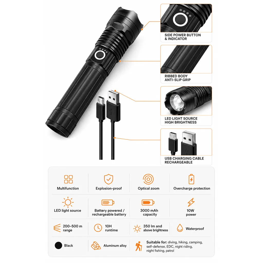 JD-F948 Rechargeable LED Flashlight Zoomable Tactical Torch