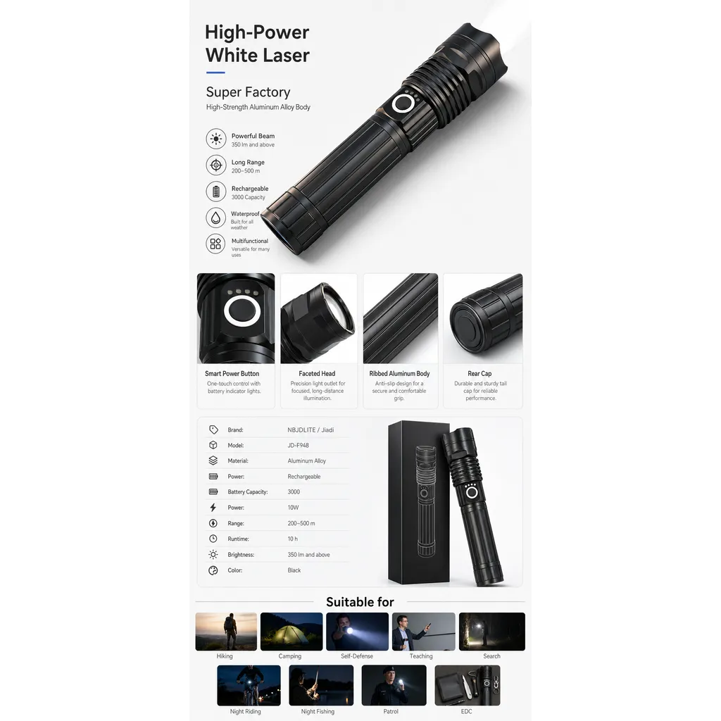 JD-F948 Rechargeable White Laser Flashlight