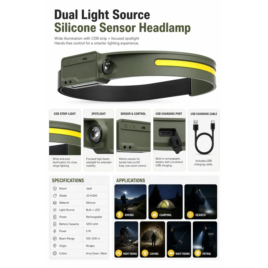 JD-H300 Rechargeable LED Headlamp Motion Sensor Dual Light