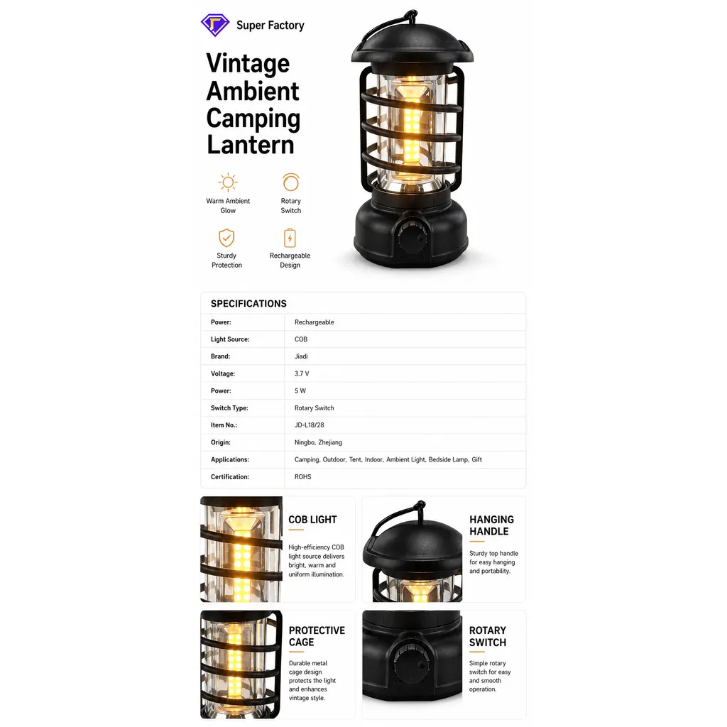 JD-L18/28 Rechargeable COB Camping Lantern