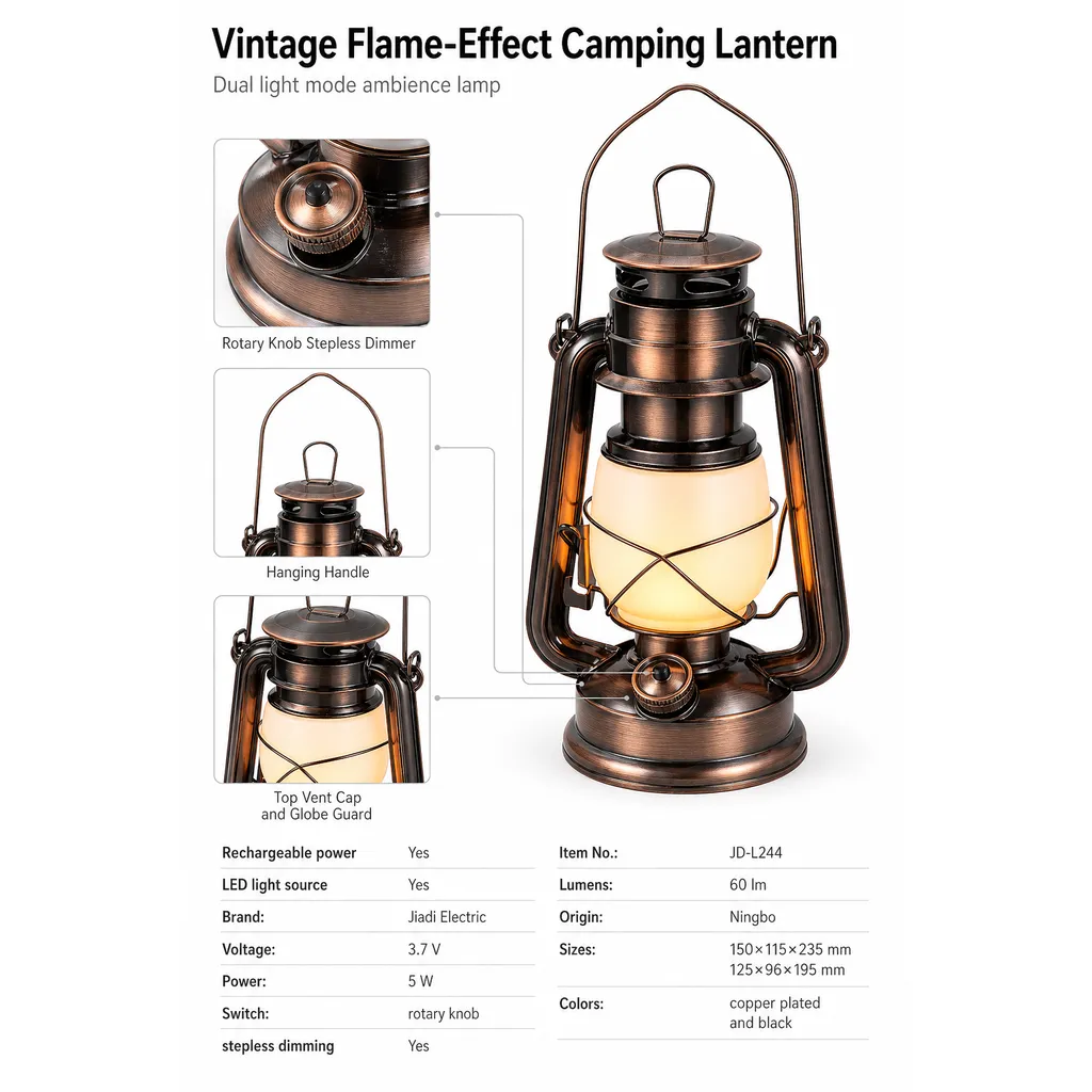JD-L244 Rechargeable LED Kerosene Lantern Hurricane Camping Lamp