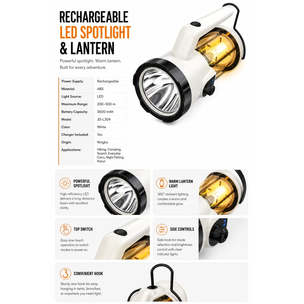 JD-L304 Rechargeable LED Camping Lantern Handheld Spotlight