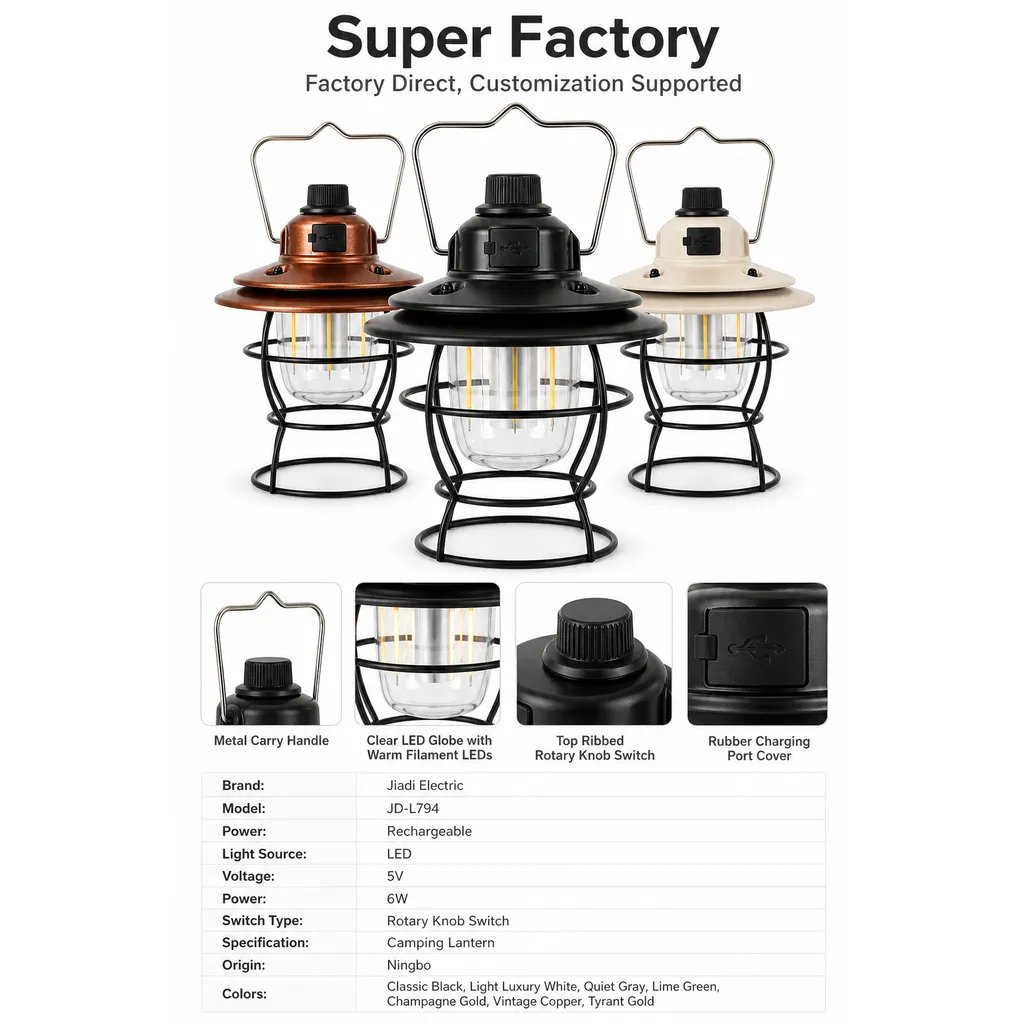 JD-L794 Rechargeable LED Camping Lantern Retro Portable Hanging Tent Light