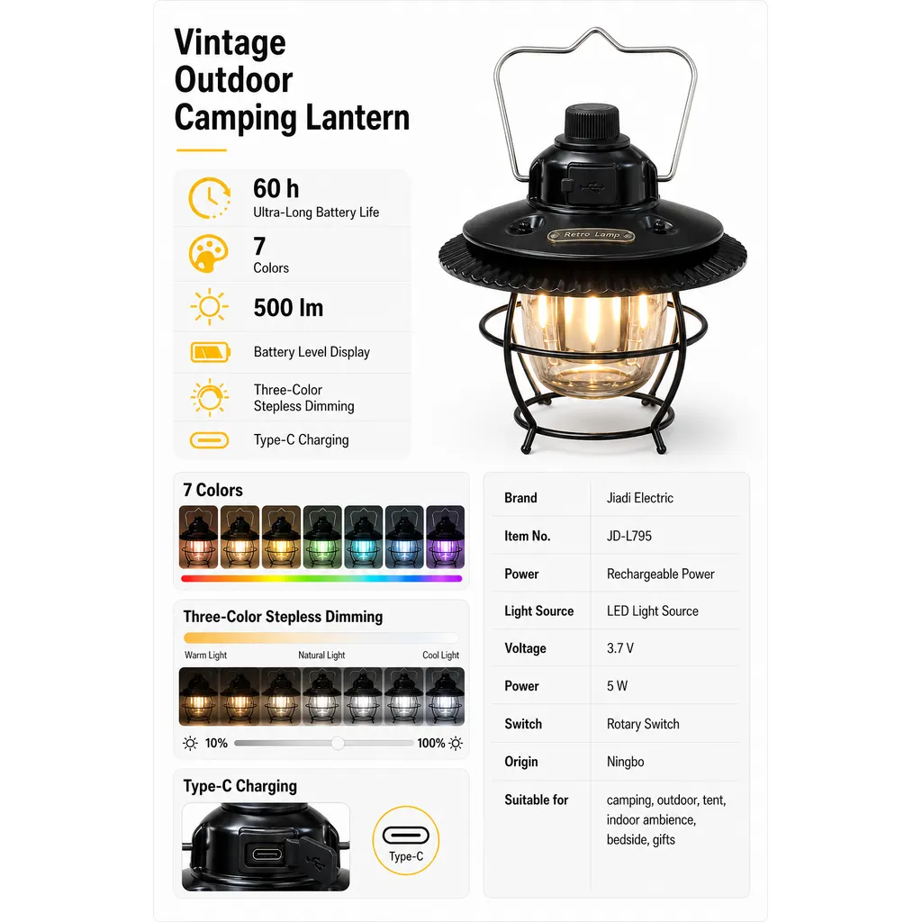 JD-L795 Rechargeable LED Camping Lantern Retro Hanging Tent Light
