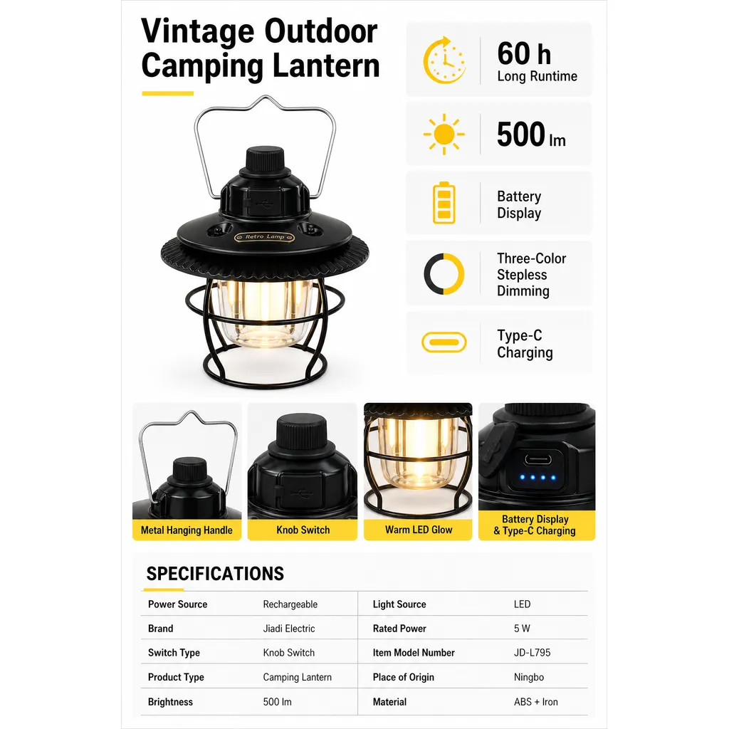 JD-L795 Rechargeable LED Camping Lantern Retro Outdoor Tent Light