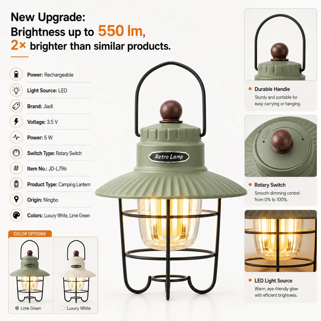 JD-L796 Rechargeable LED Camping Lantern Portable Retro Hanging Lamp