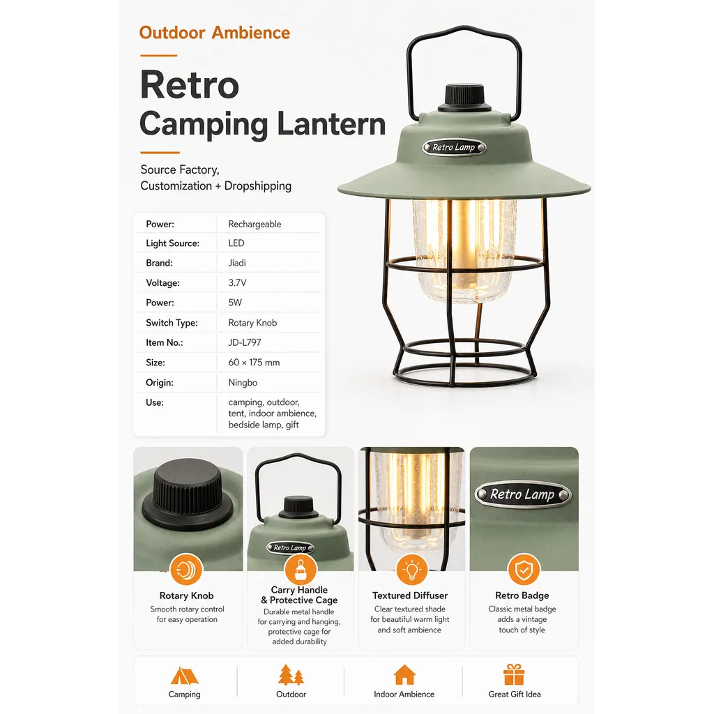 JD-L797 Rechargeable LED Retro Camping Lantern