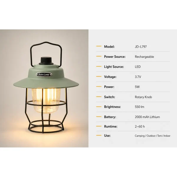 JD-L797 Rechargeable LED Retro Camping Lantern