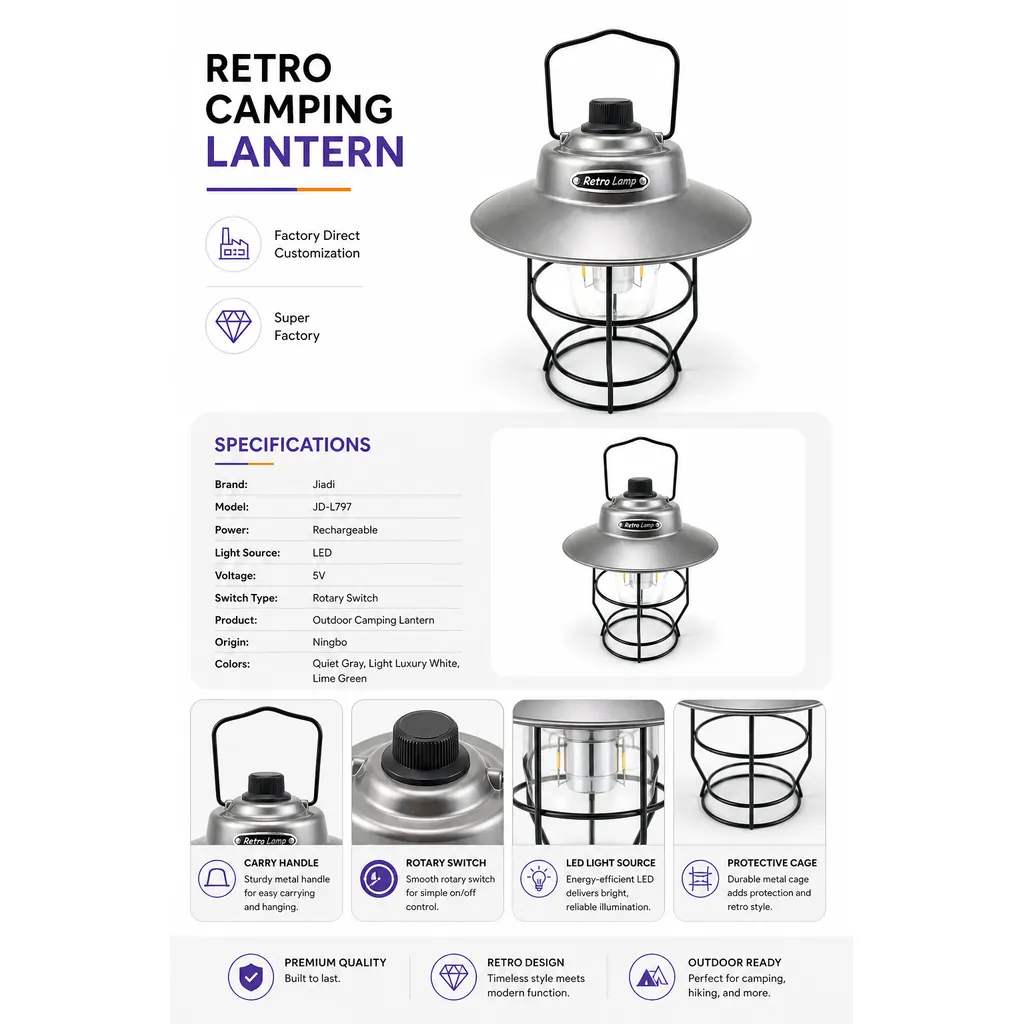 JD-L797 Rechargeable LED Retro Camping Lantern Portable Hanging Tent Light