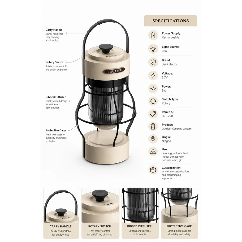 JD-L798 Rechargeable LED Camping Lantern Retro Hanging Tent Light