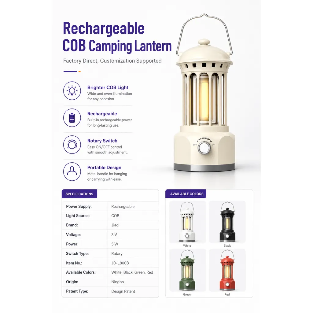 JD-L800B Rechargeable COB Camping Lantern Type-C Stepless