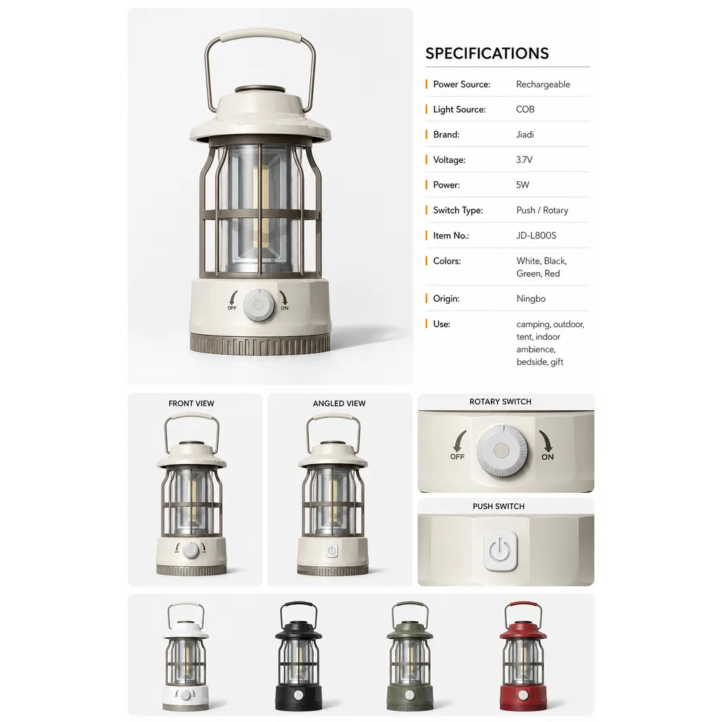 JD-L800S Rechargeable COB Camping Lantern Portable Hanging Tent Light