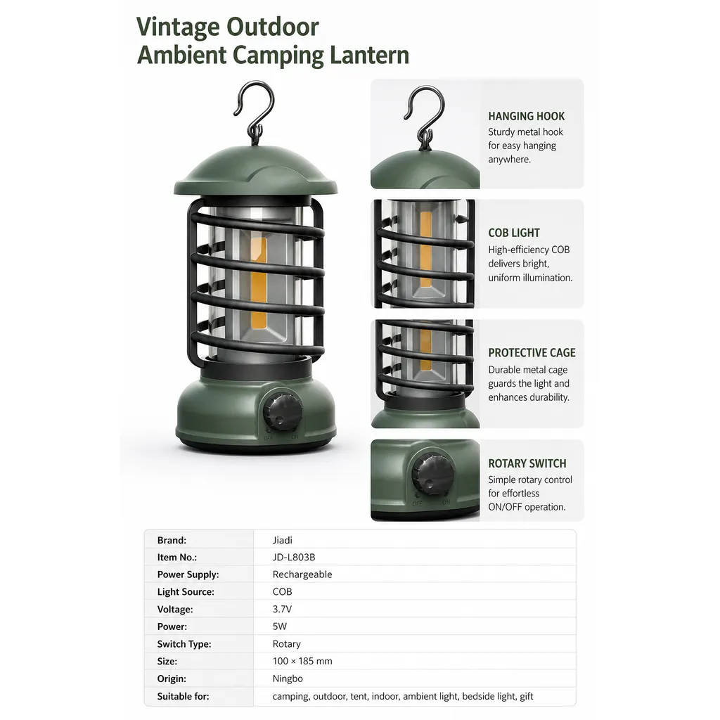 JD-L803B Rechargeable COB LED Camping Lantern