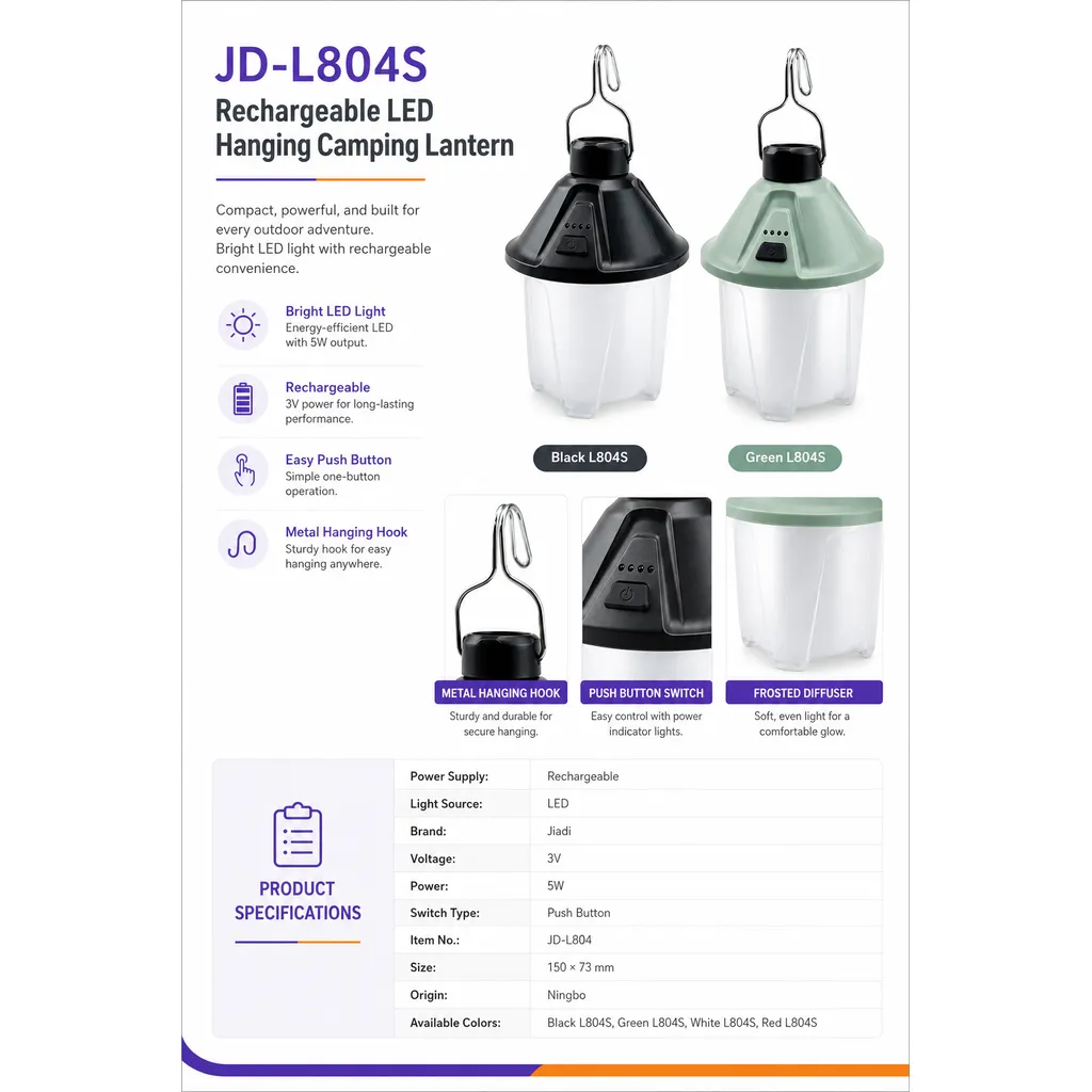 JD-L804 Rechargeable LED Camping Lantern Type-C Hanging Tent Light